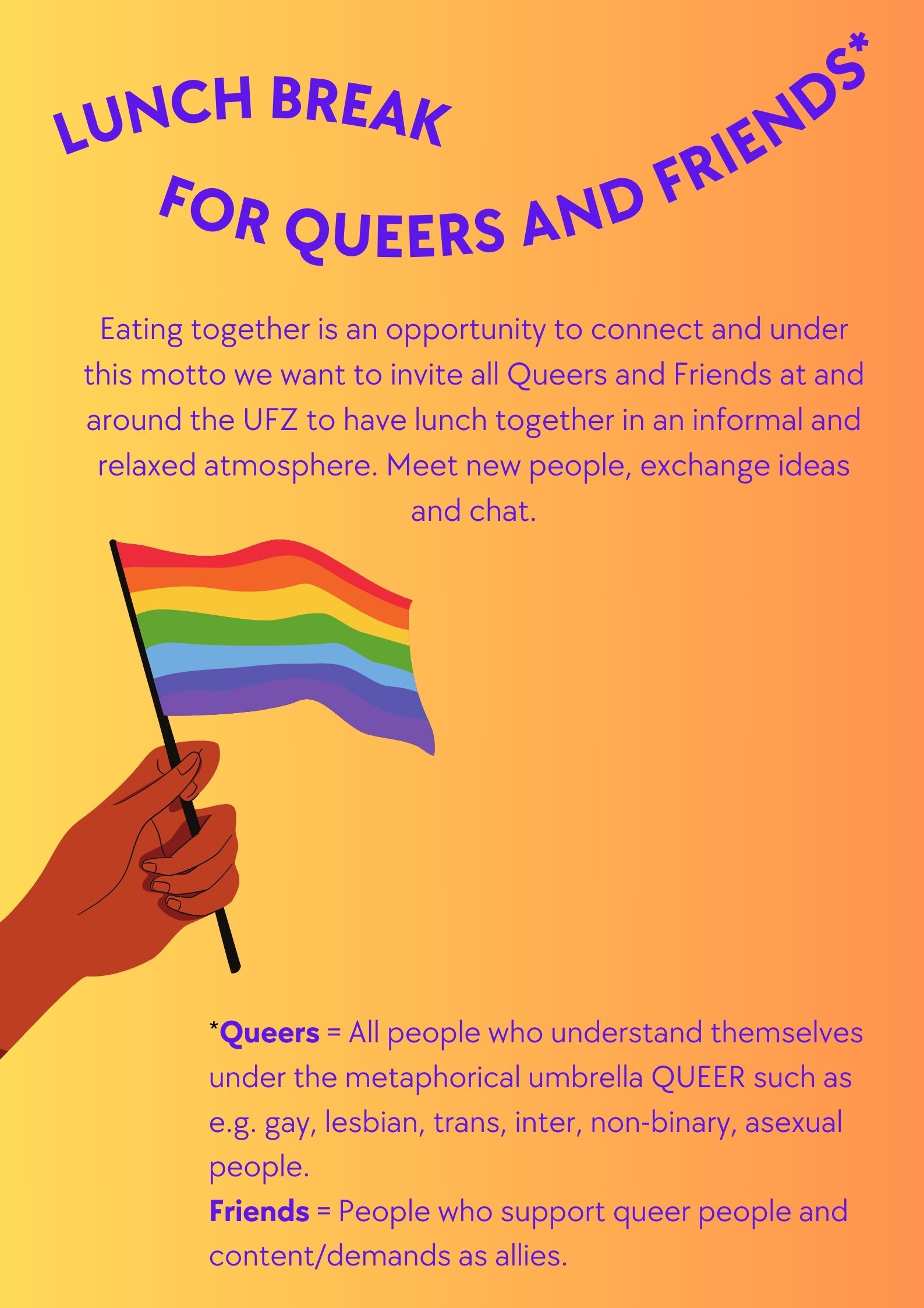 Orangenes Plakat f&uuml;r Queer Lunchbreak f&uuml;r Queers and Friends
